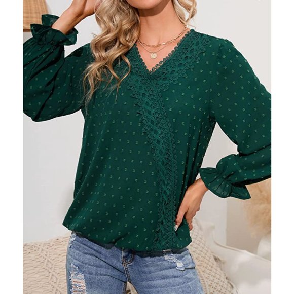 Tops - Green Off-White Crochet Lace V-Neck Long Sleeve Bishop Dressy Top Blouse